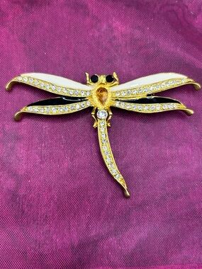 Gold-Tone Dragonfly Brooch with Clear Crystals - White and Black Enamel